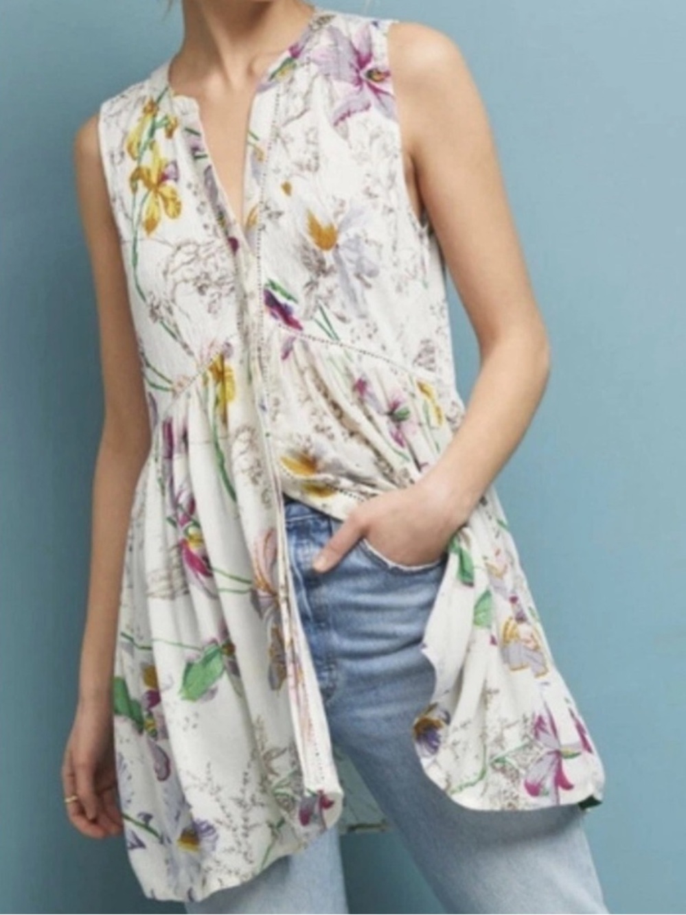 Anthropologie Nia Floral Sleeveless Button Front Tunic Top Small